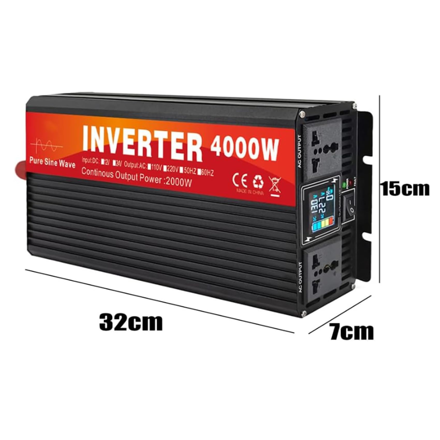 60v to 230v,Przetwornica czystej fali sinusoidalnej o mocy 4000 W, przetwornica napięcia 12 V–72 V DC na 110 V/230 V AC, z 2 gniazdami prądu przemiennego i wyświetlaczem LCD