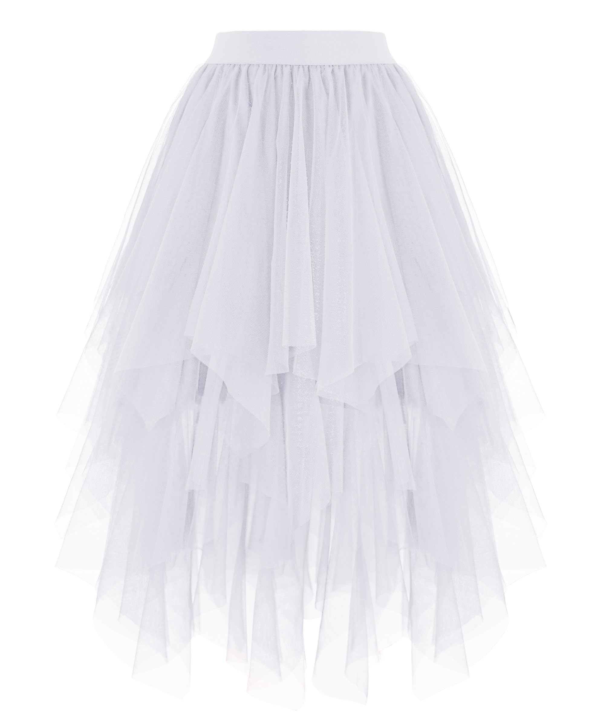 Dressever Damen Unregelmäßiger Tüllrock Mehrschichtiger Mesh Faltenrock A-Linie Hoher Taillierter Rock Ballett Tutu Abschlussball Party Karneval Party Rock Weiß X-Large