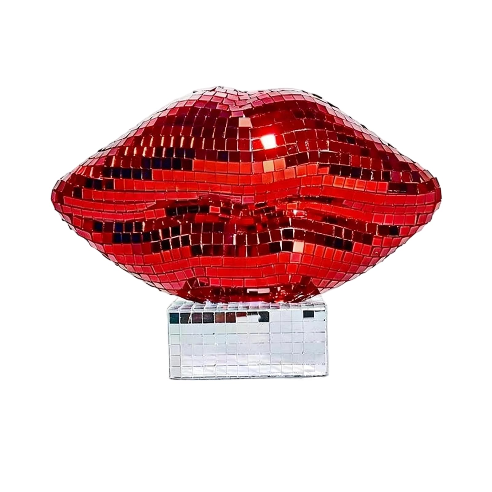 ESSECMBS Valentines Day Red Lips Sculpture Home Decorations Indoor Silver Disco Mosaic Lip Figurine Table Ornaments (A-Red, 25 * 17cm/9.84 * 6.69inches)