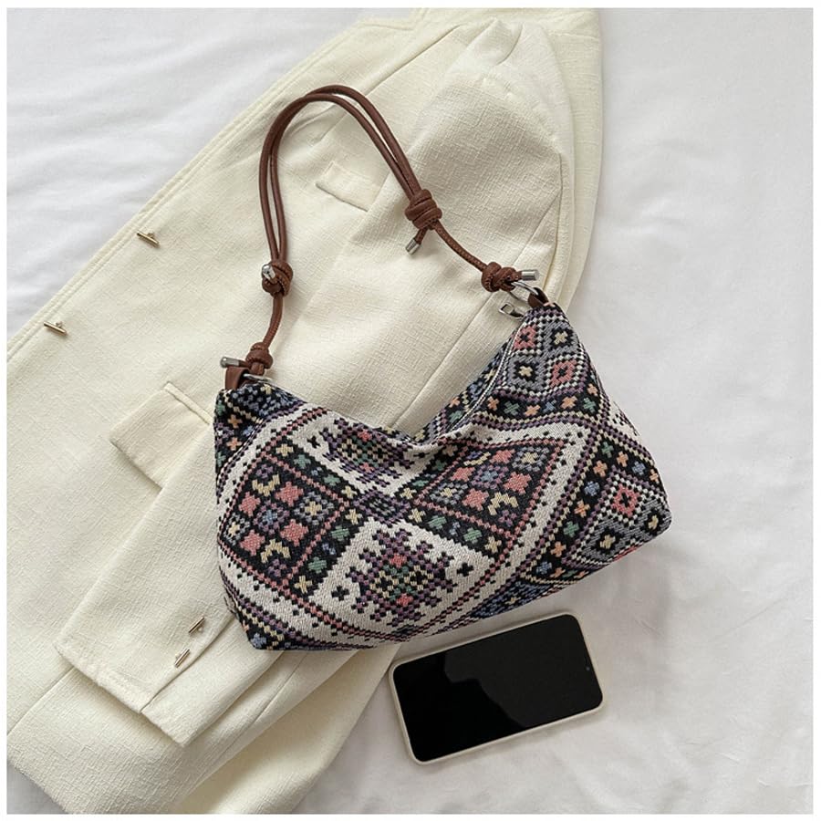 Image of Retro Canvas Handbag Hobo Shoulder Bag for Women Casual Working Shopping Bag (Black)