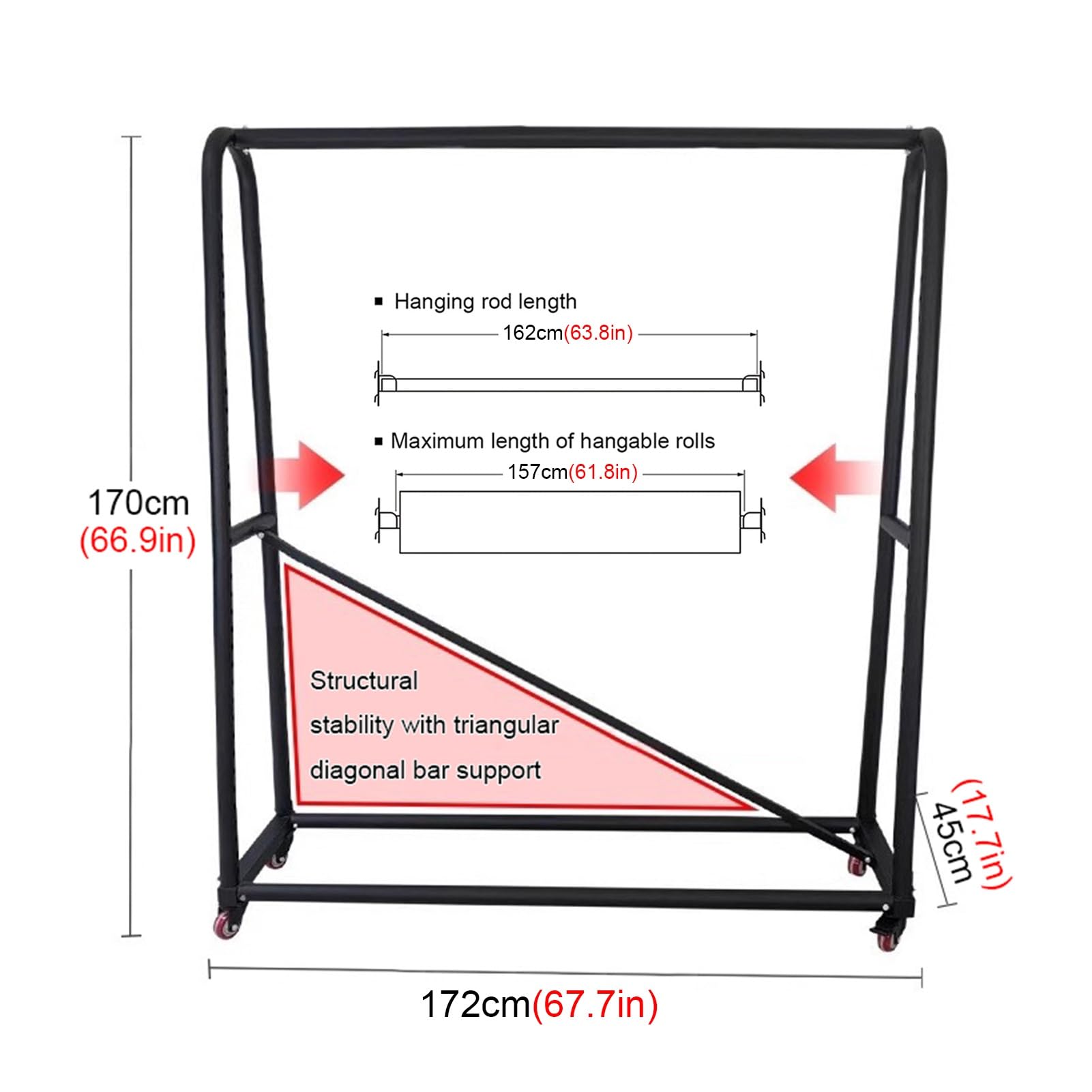 Rolling 6-Tier Fabric Roll Display Rack Cart Holds 12 Rolls, Double Sided Vinyl Car Wrap Film Holder with Adjustable Hanging Rod, Commercial Vinyl Rolls/Wrapper/Window Film Organizer(172x45x170cm)