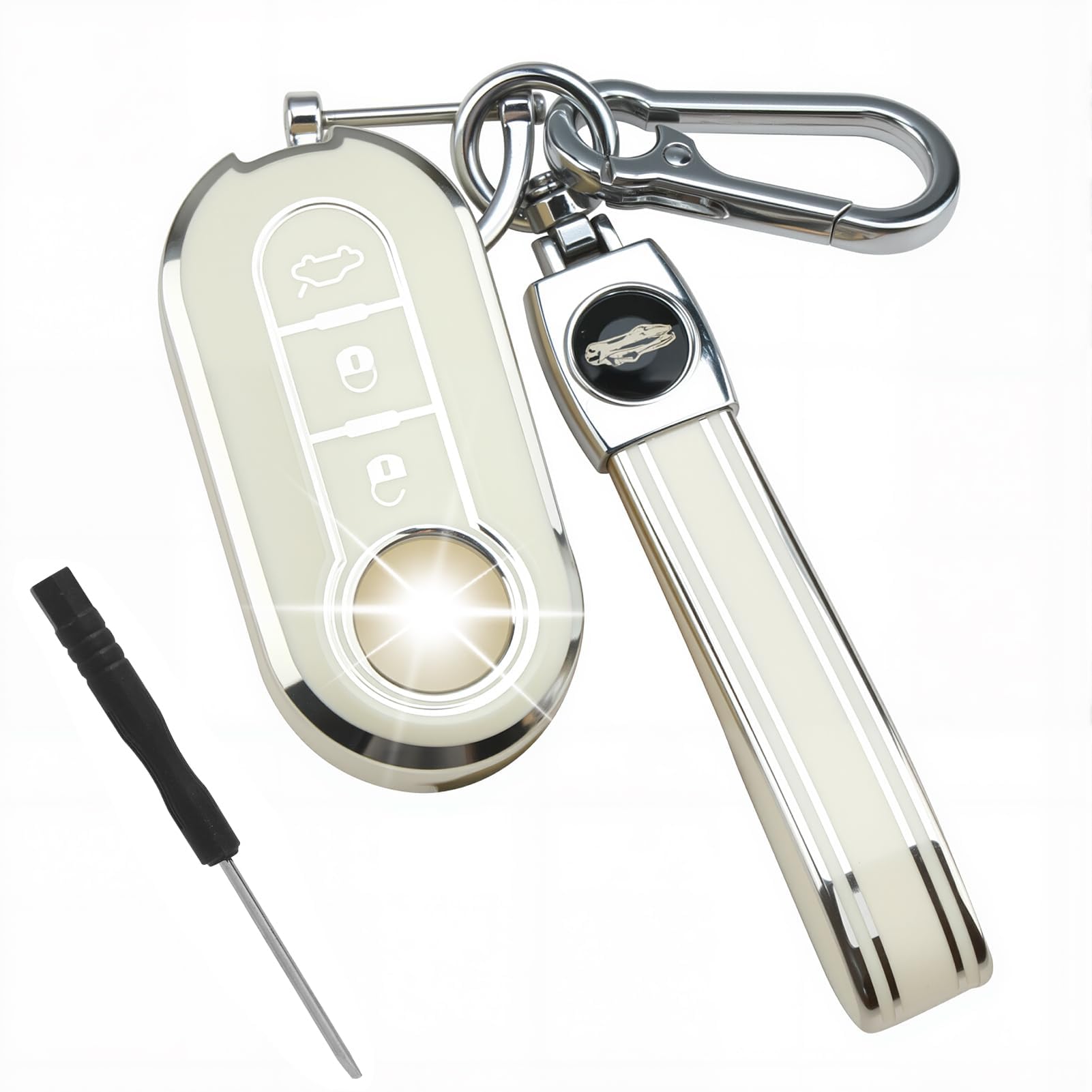 Car Key Fob Cover Case for Fiat 500 500l, Car Key Case Protector 3 Button with Keychain TPU Shell Key Covers Compatible with Fiat 500C/500L/500X, Fiorino, Bravo, Punto, Panda - White