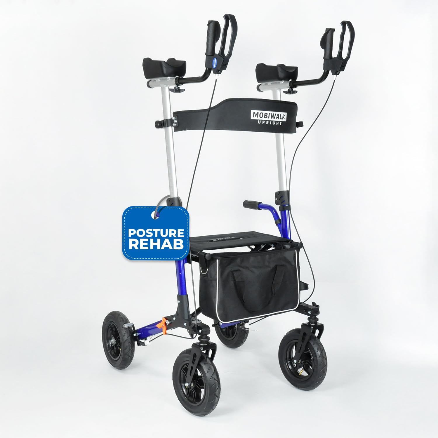 MobiWalk® Upright Walker | 4 Wheeled Arthritis Rollator Outdoor Walker | Tall Standing Rollator with Seat & Forearm Support & Pneumatic Wheels | Improves Posture | Bio-Lec Mobility (Blue)