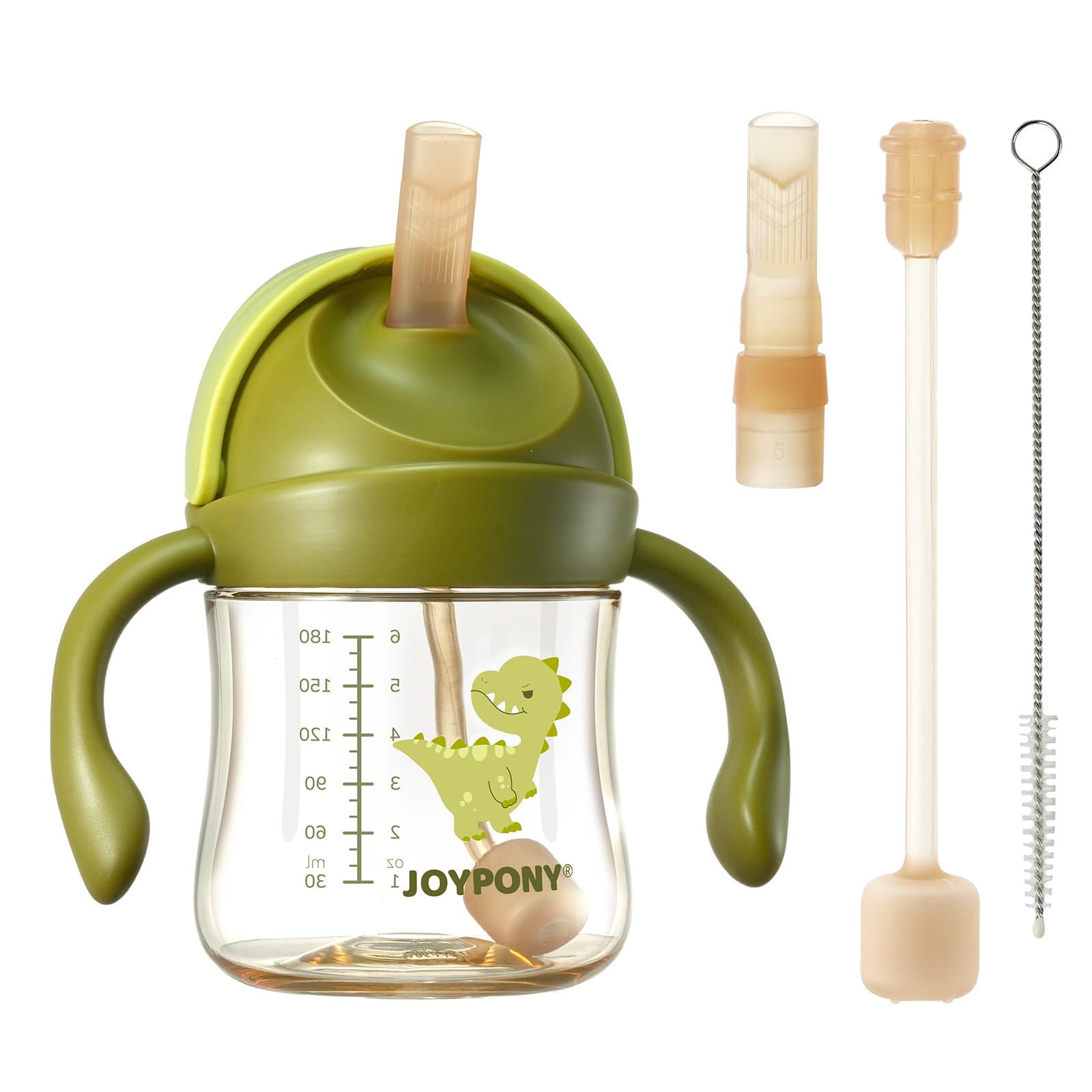 Joypony PPSU Sippy Cup for Toddlers 6-36 Months, Spill Proof Weighted Straw Cup with V-Valve & Handles, 177 ml BPA Free Baby Water Bottle for Transition with 2 Silicone Straws & Cleaning Brush - Green