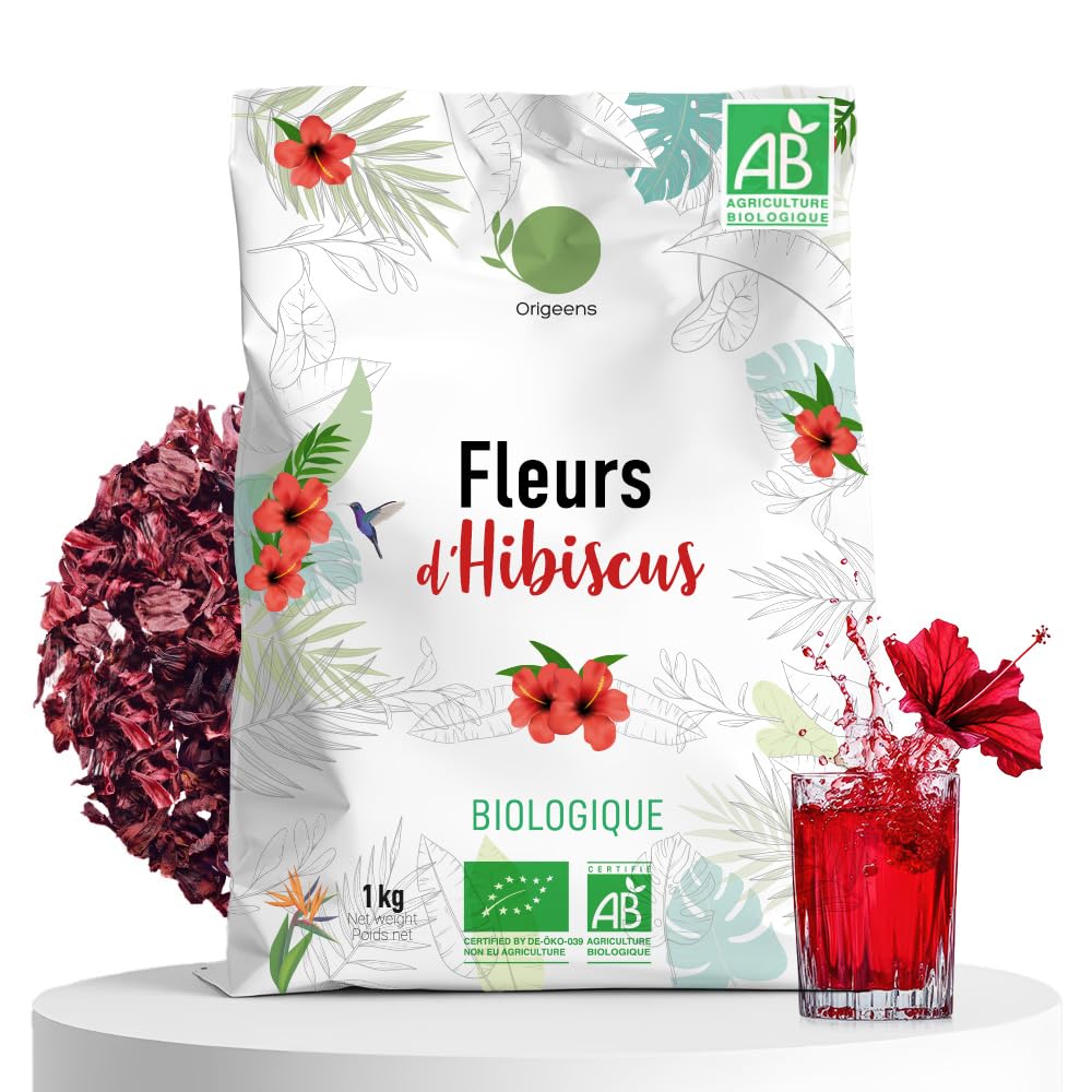 ORIGEENS HIBISCUS BIO 1kg Grade Supérieur | Fleur Hibiscus pour Bissap, Karkadé, Thé glacé, Infusion et Tisane | Infusion Detox Drainante | Fleurs d'Hibiscus Séchées Bio
