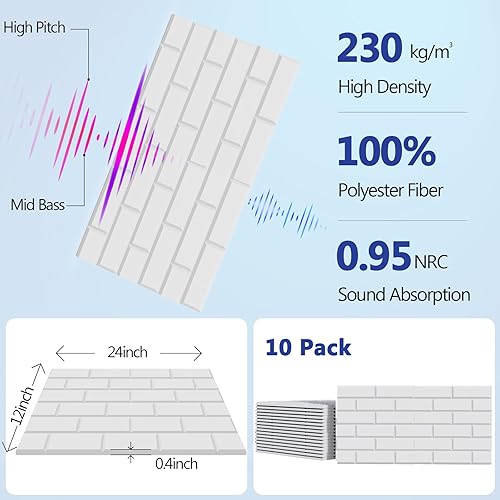 Miniatura 2 de BUBOS Paquete de 10 paneles acústicos autoadhesivos, paneles de espuma a prueba de sonido de 24 x 12 x 0.4 pulgadas, paneles acústicos decorativos
