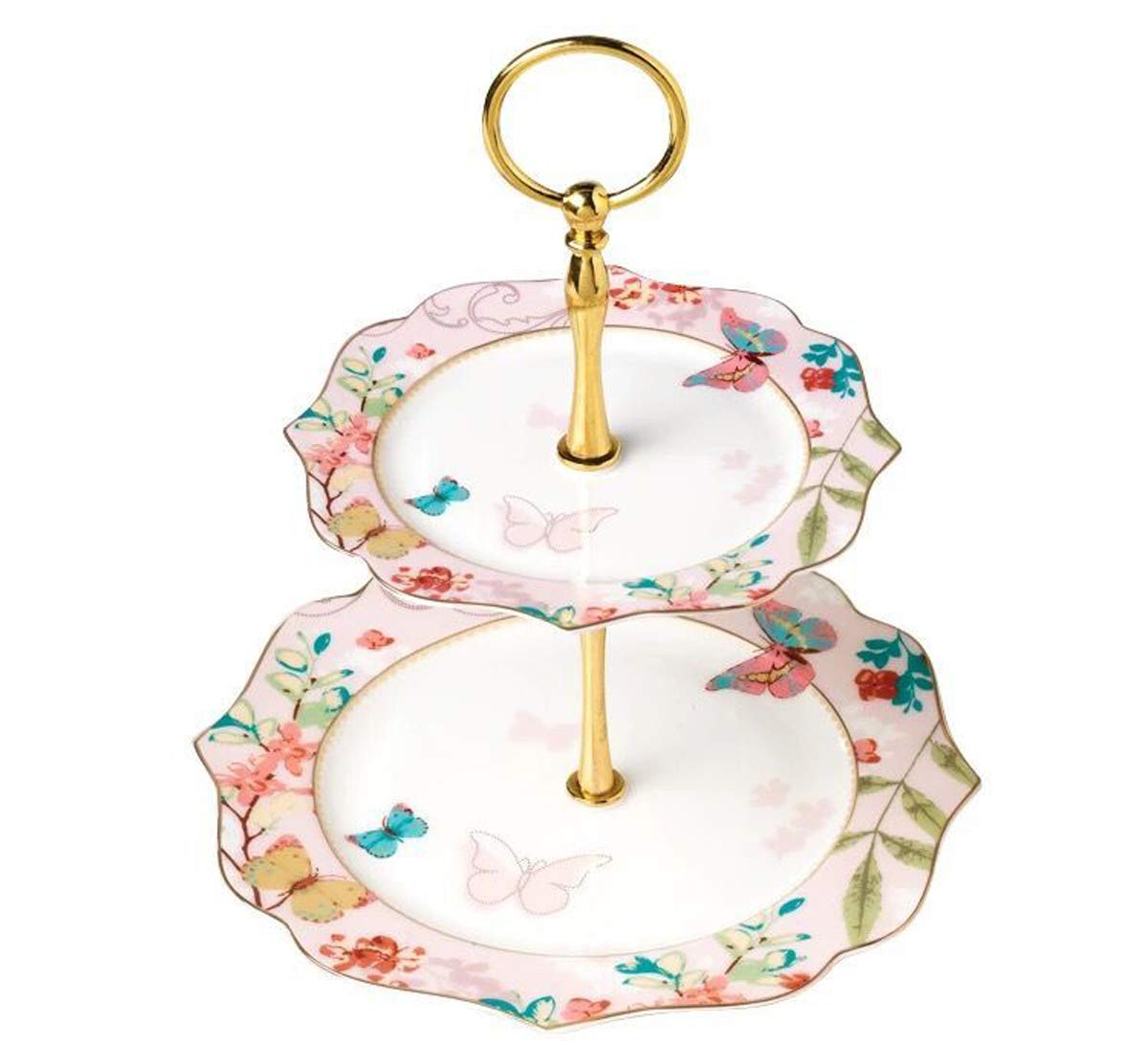YBK Tech Bone China Serving Platter Cake Plate Stand Dessert Display Cakes Platter Food Rack - Butterflies Pattern (2-tier)