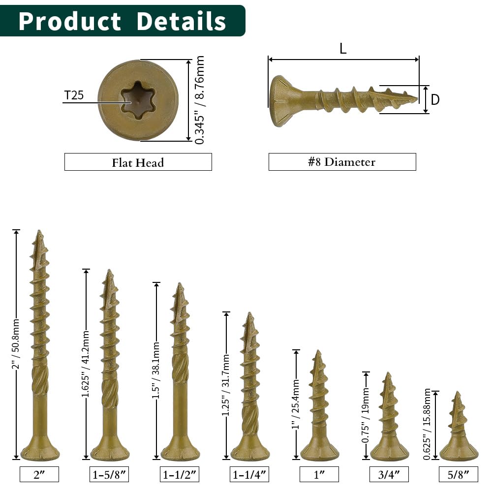 #8 x 1-1/4" Flat Head Outdoor Deck & Lag Screws - Epoxy-Coated Bronze, Rust Resistant - Torx T25 Star Drive (Includes Bit) - for Timber, Log, Landscaping Wood, 100-pack