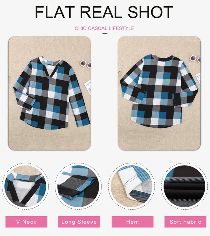 Image of Dokotoo Womens Tops Plaid Cotton Cuffed 3 /4 Sleeve Shirts Blouses