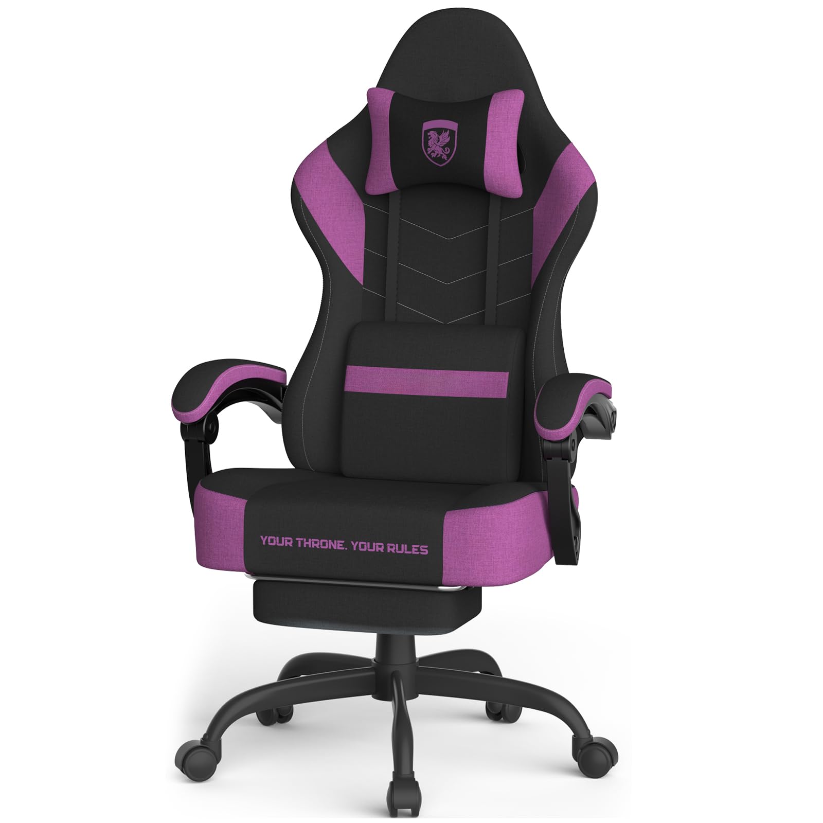 Ferghana Silla Gaming Ergonómica,Silla Gamer Tela Transpirable,Silla de Oficina con Soporte Lumbar Masaje,Asiento Elastico,Reposacabezas,Respaldo Reclinable 135°,Regulable en Altura,Negro-Morado