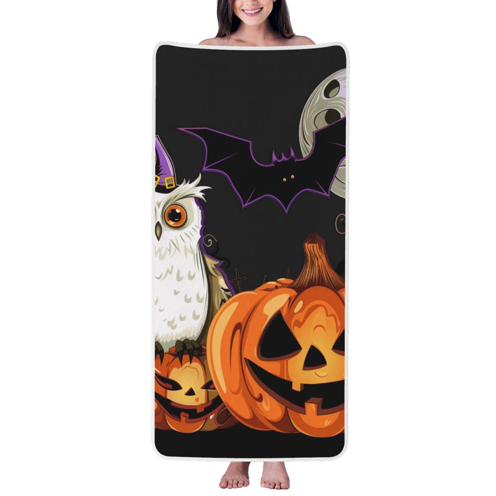 WPKJU Halloween Owl Ghost Pumpkin Printed Bath Towel with White Edging - 27x55 in Soft Extra Absorbent Coral Velvet Shower Towels for Bathroom