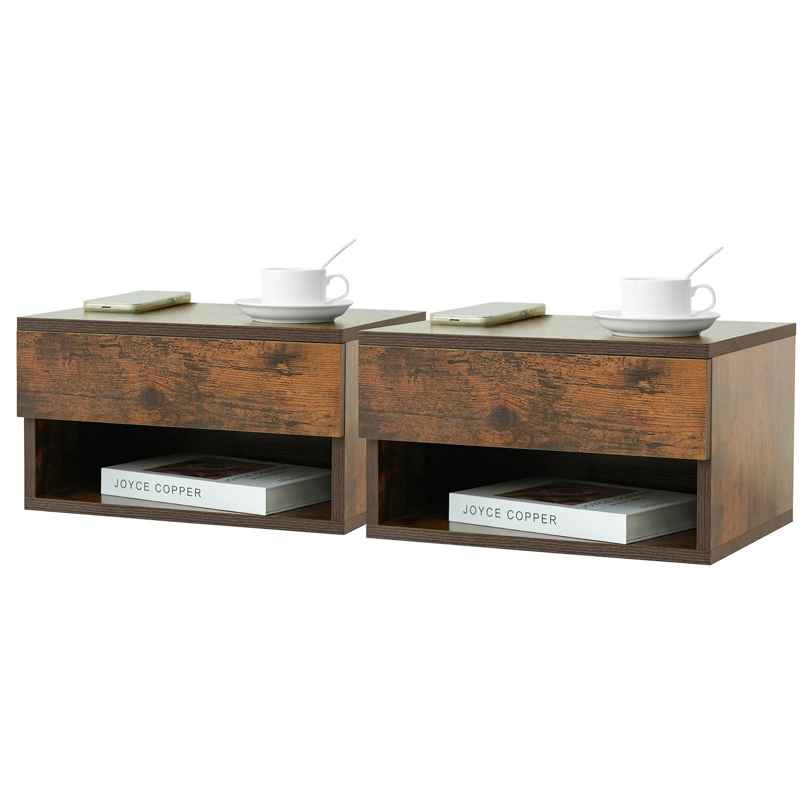 LYNCOHOME Estantería de pared con cajón, mesita de noche, mesita de noche, montaje en pared, cajón de pared, tablero de pared para dormitorio, color marrón vintage, juego de 2 unidades