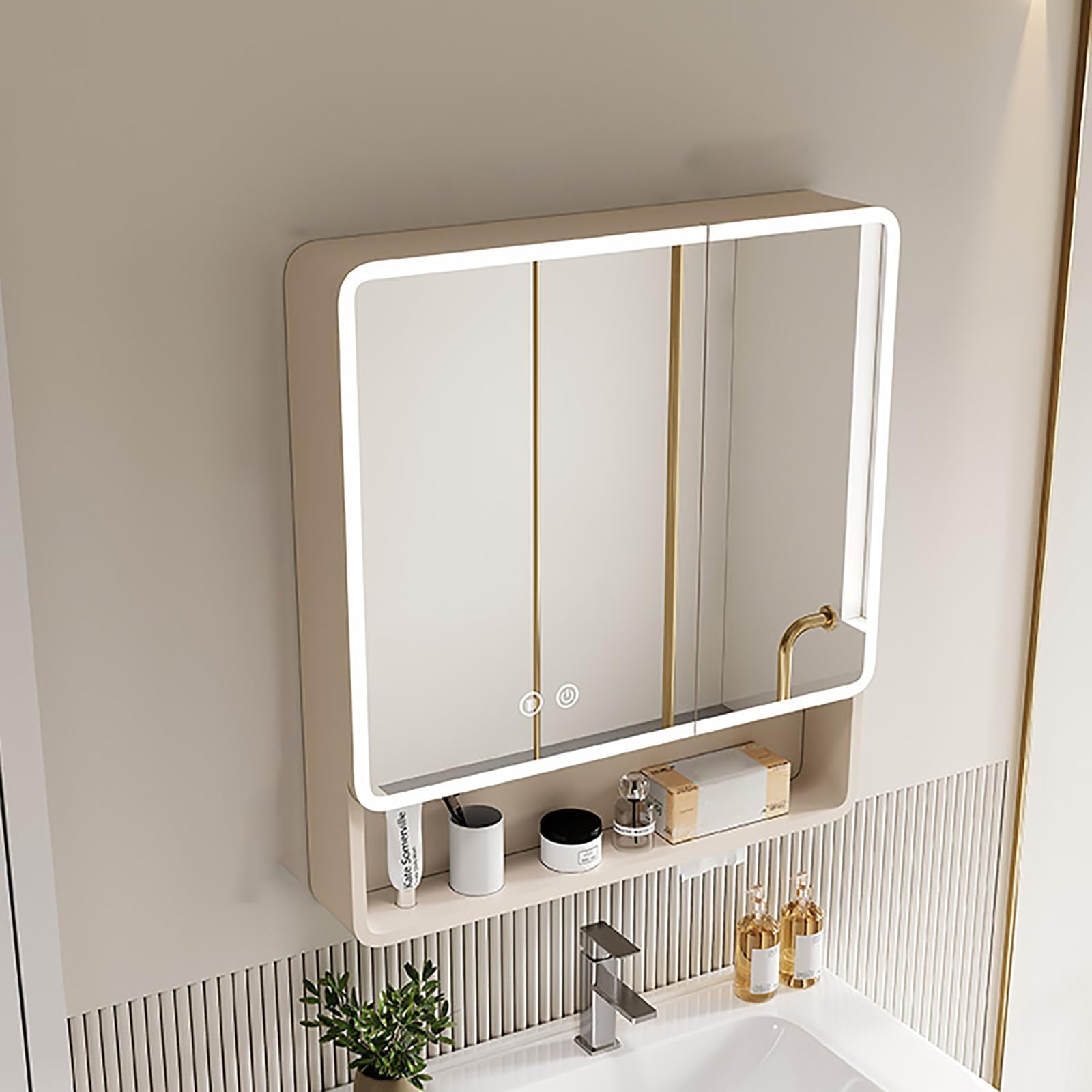 FGXHHS Lighted Cabinet with Storage, Anti-Fog Wall-Mounted Medicine Rack, Modern Vanity nizer, Beige 31.4in (80cm) - Stylish & Functional Home Decor