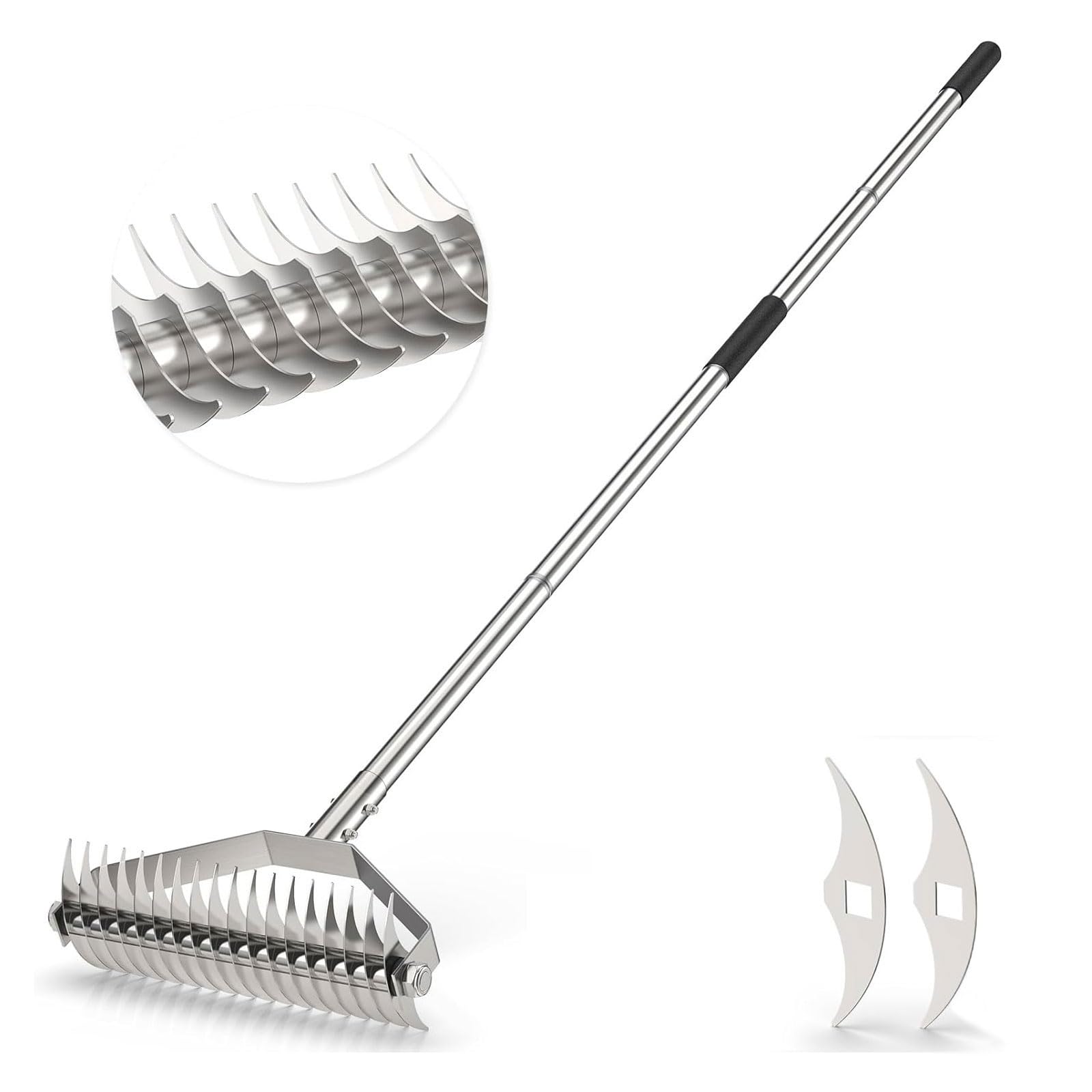 Thatch Rake, Upgraded Stainless Steel Thatching Rake, 18-Tine Heavy Duty Dethatcher with Replaceable Stainless Steel Tines and Adjustable Handle, Dethatching Rakes for Garden Yard Lawn Loosening Soil
