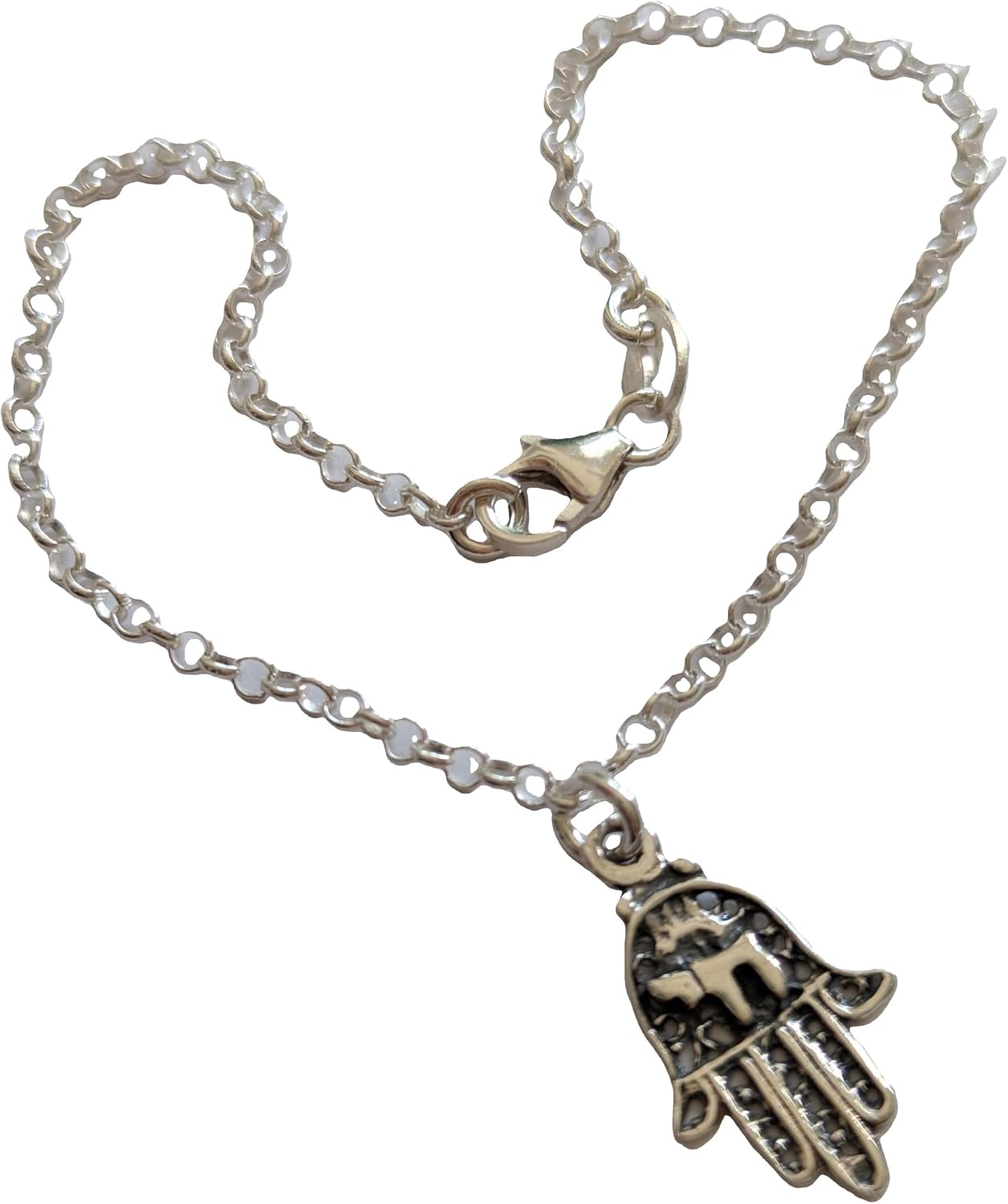 Sterling Silver Hamsa Hand with Chai Charm Bracelet, Minimalist Jewelry