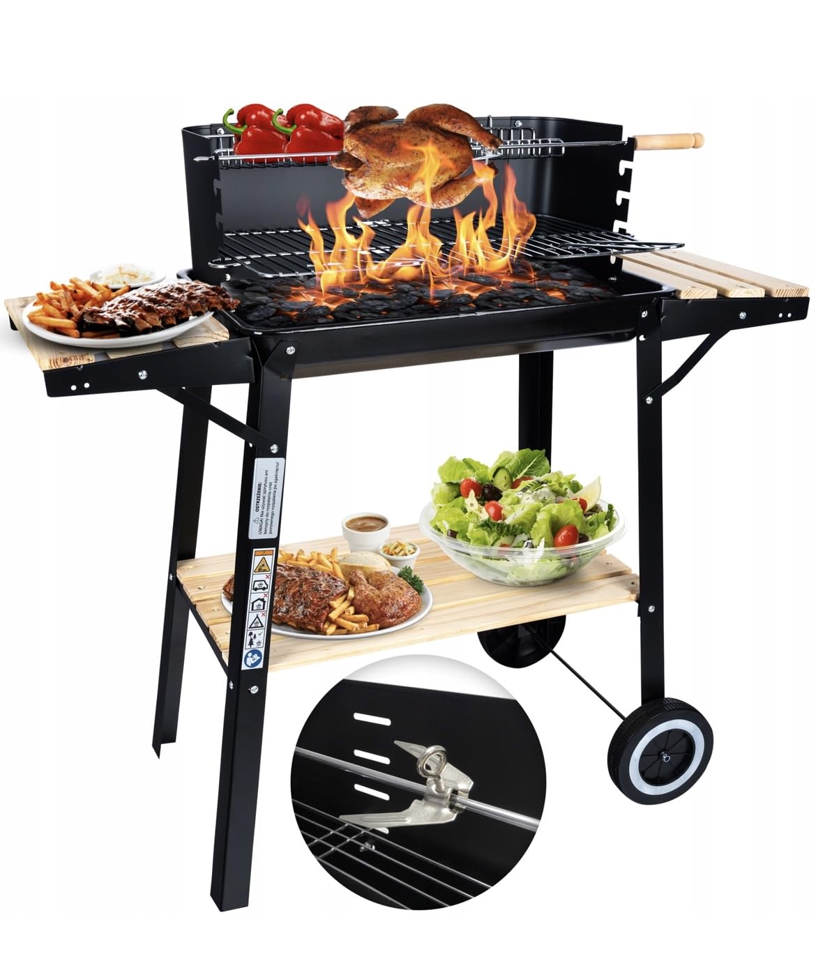 Grill ogrodowy węglowy, grill z blatem, duży grill na kółkach z rusztem na kurczaka