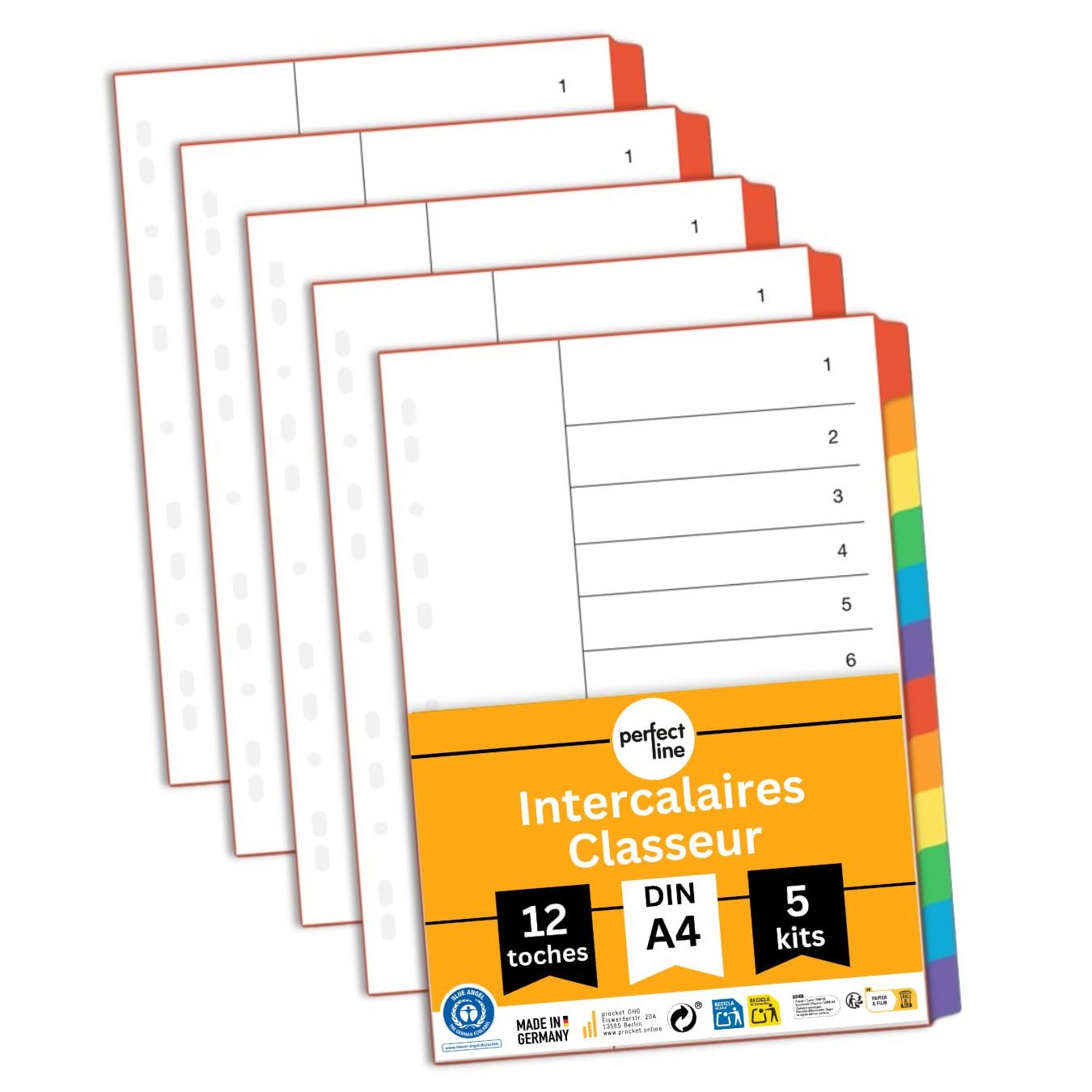 Perfect Line Intercalaires Classeur A4 DIN-A4, 12-Pièces, 5-Set, en Carton, Fabriqué en Allemagne