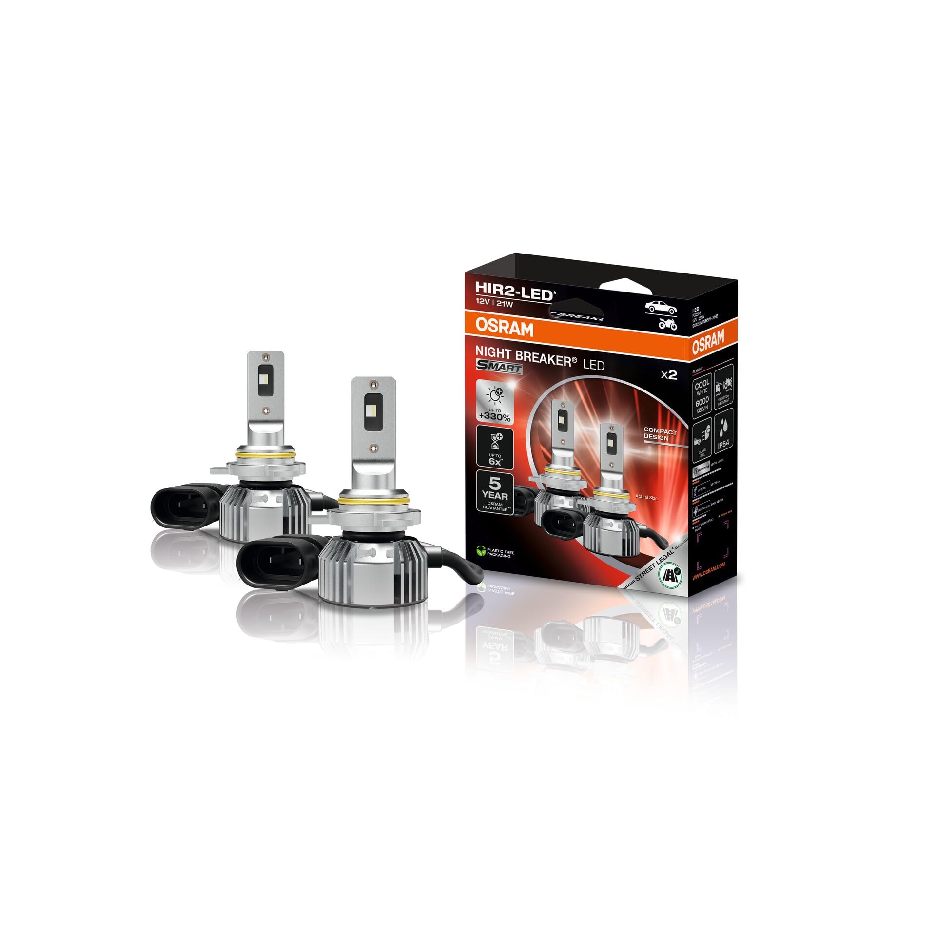 OSRAM NIGHT BREAKER LED SMART HIR2; jasność 330%; temperatura barwowa 6000K, diody LED o dużym i przyciemnionym świetle, zapewniające dobre oświetlenie do stosowania na otwartych ścieżkach.