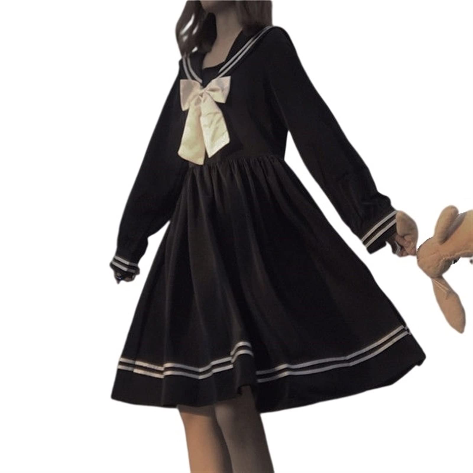 TKSYSTKSYS Lolita Dress College Style Long-sleeved Dress Japanese Black Navy Collar Cute Jk Skirt Female (Color : Black, Size : ONE SIZE)