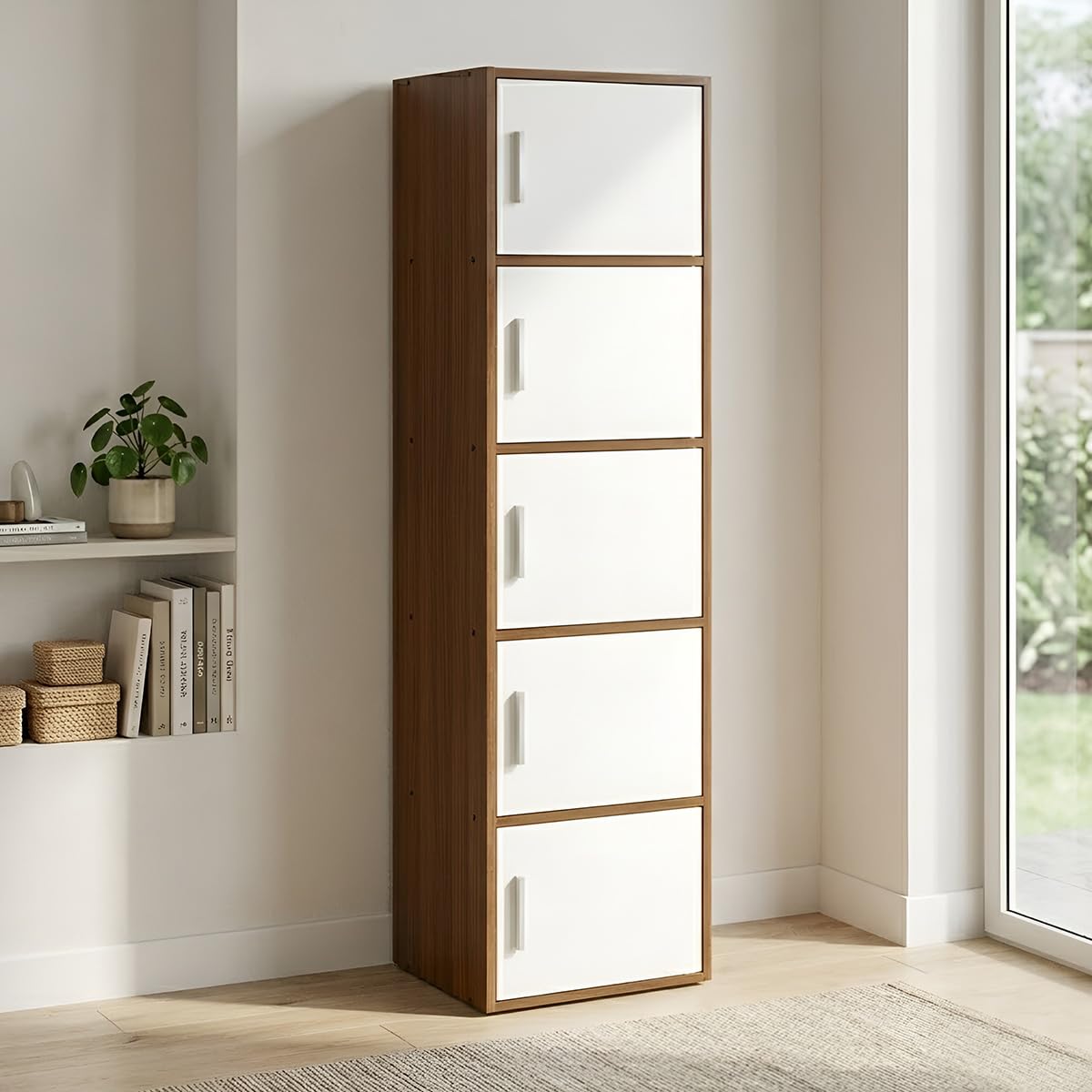 Nilkamal Sear 5 Tier Wooden Storage Cabinet | Free Standing Book Shelf with 3 Doors & 3 Spacious Shelves | Engineered Wood | Organizer for Home & Office | Classic Walnut & White | DIY(Do It Yourself)-image-8