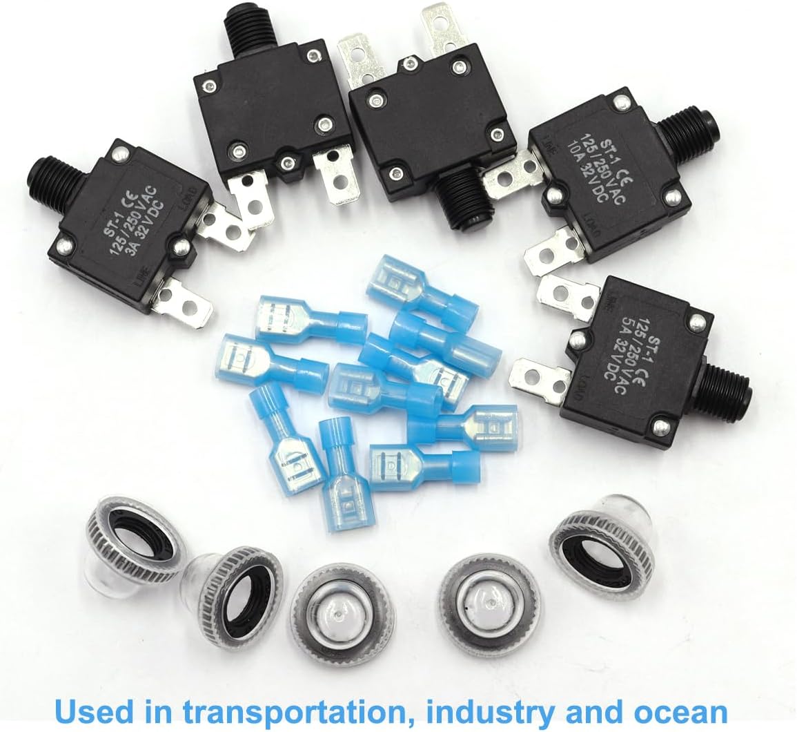 mxuteuk 5Pcs 3,5,10,15,20Amp Circuit Breakers Push Button Manual Reset 125/250V AC 32V DC,Overload Protector Switch Thermal Circuit Breakers with Quick Connect Terminals and Waterproof Button Caps