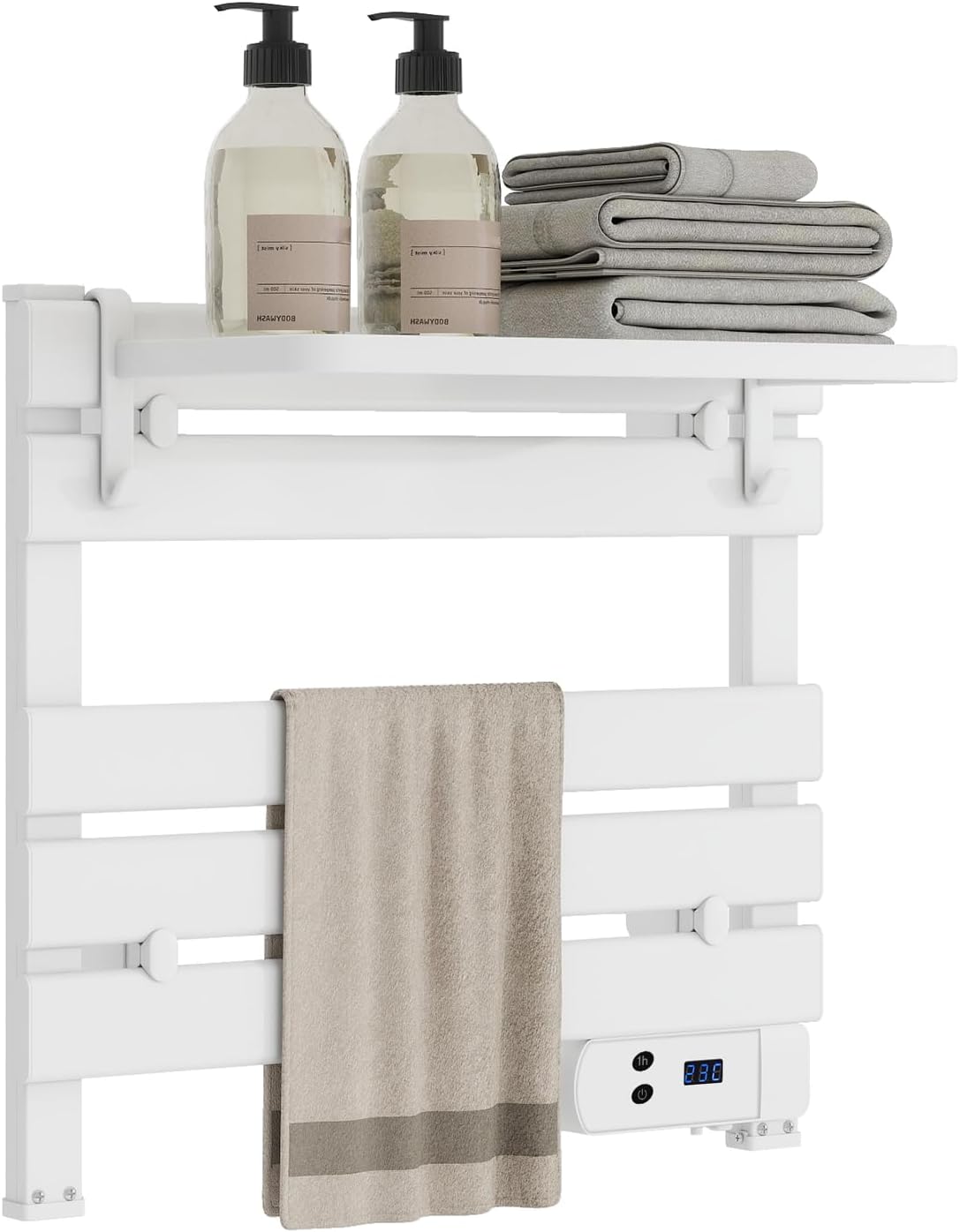 Heated Towel Warmer Rack with Storage Rack and Built-in Timer for Bathroom, Wall Mounted & Freestanding 5-Bar Aluminum Electric Towel Heater with IP34 Waterproof, 131℉ Constant Temperature