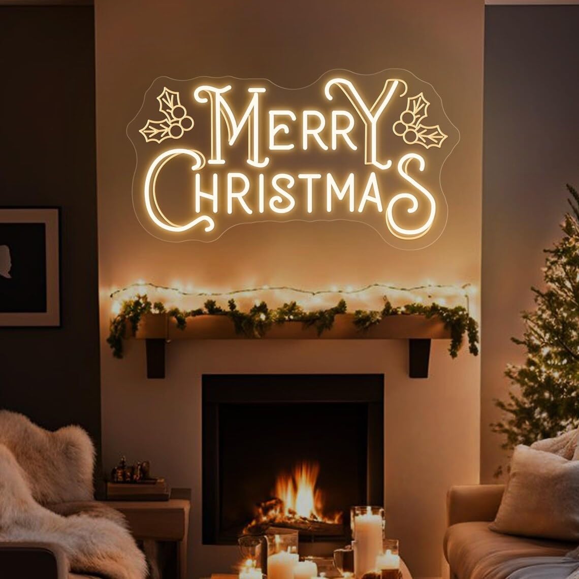 Merry Christmas Holly Neon Sign, Custom Christmas LED Neon Light,Holiday Home Wall Decor Bar Shop Event Party Decor