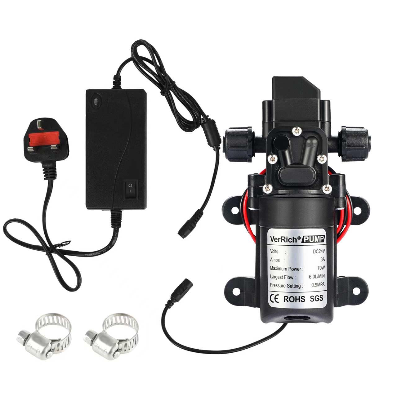 VerRich Pompa a diaframma per acqua 24V con adattatore di alimentazione per rubinetto, camper, roulotte con connettori M18*1,5mm