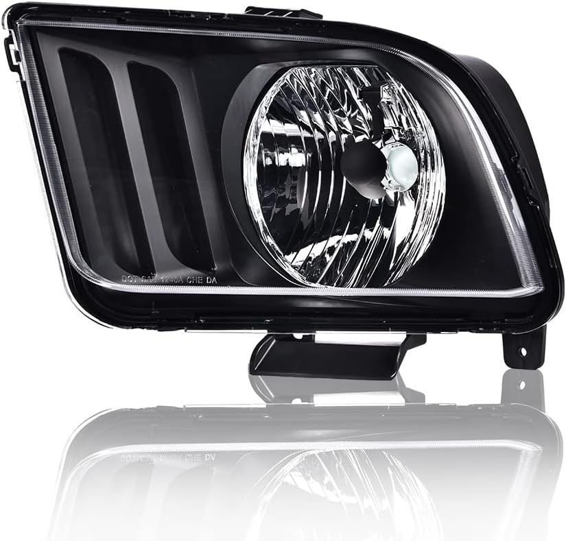 Headlights, Compatible with Ford Mustang 2005-2009, Front Headlamp Replacement Headlights Assembly, Left Driver Side, Clear Lens Black Housing Amber Reflector