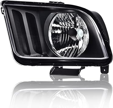 Headlights Compatible with Ford Mustang 2005-2009, Front, Headlamp | Replacement Headlights Assembly, Left Driver Side, Clear Lens Black Housing Amber Reflector
