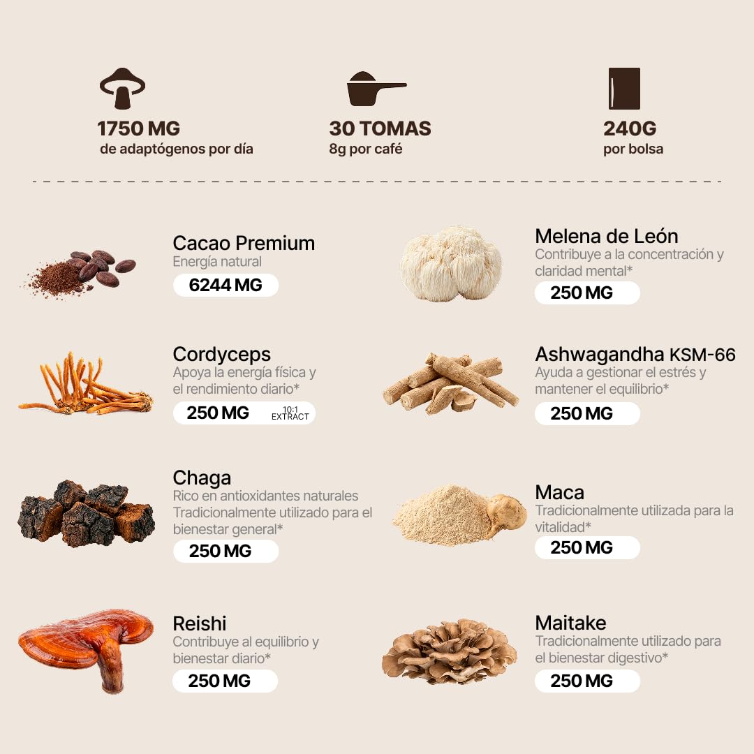 Cacao con Hongos Adaptógenos 7 en 1 – Melena de León, Cordyceps, Reishi, Chaga, Maitake, Ashwagandha y Maca – Energía Natural, Enfoque Mental y Bienestar Diario – 30 Raciones