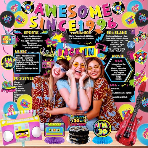 Image of Crenics 1996 30th Birthday Decorations for Him Her | Back in 1996 Backdrop, Awesome Since 1996 Banner, Swirls, Centerpieces and Balloons for 30 Birthday Party Supplies