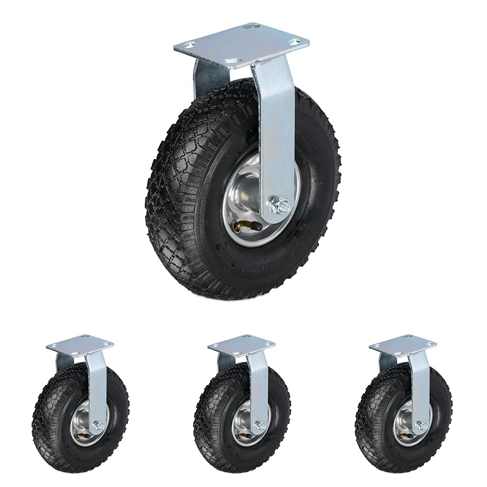 Relaxdays Bockrolle, 3.00-4, Traglast 120 kg, Gummi, Stahlplatte, luftbereift, Schwerlastrad, Gummirolle, schwarz/silber (Packung mit 4)