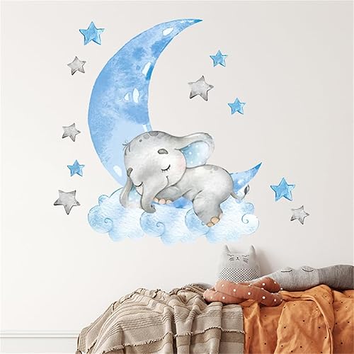 Miniatura 4 de Calcomanía de pared de elefante, diseño de elefante azul, calcomanías de pared personalizadas de luna, estrella, nubes, vinilo para niños, animales,