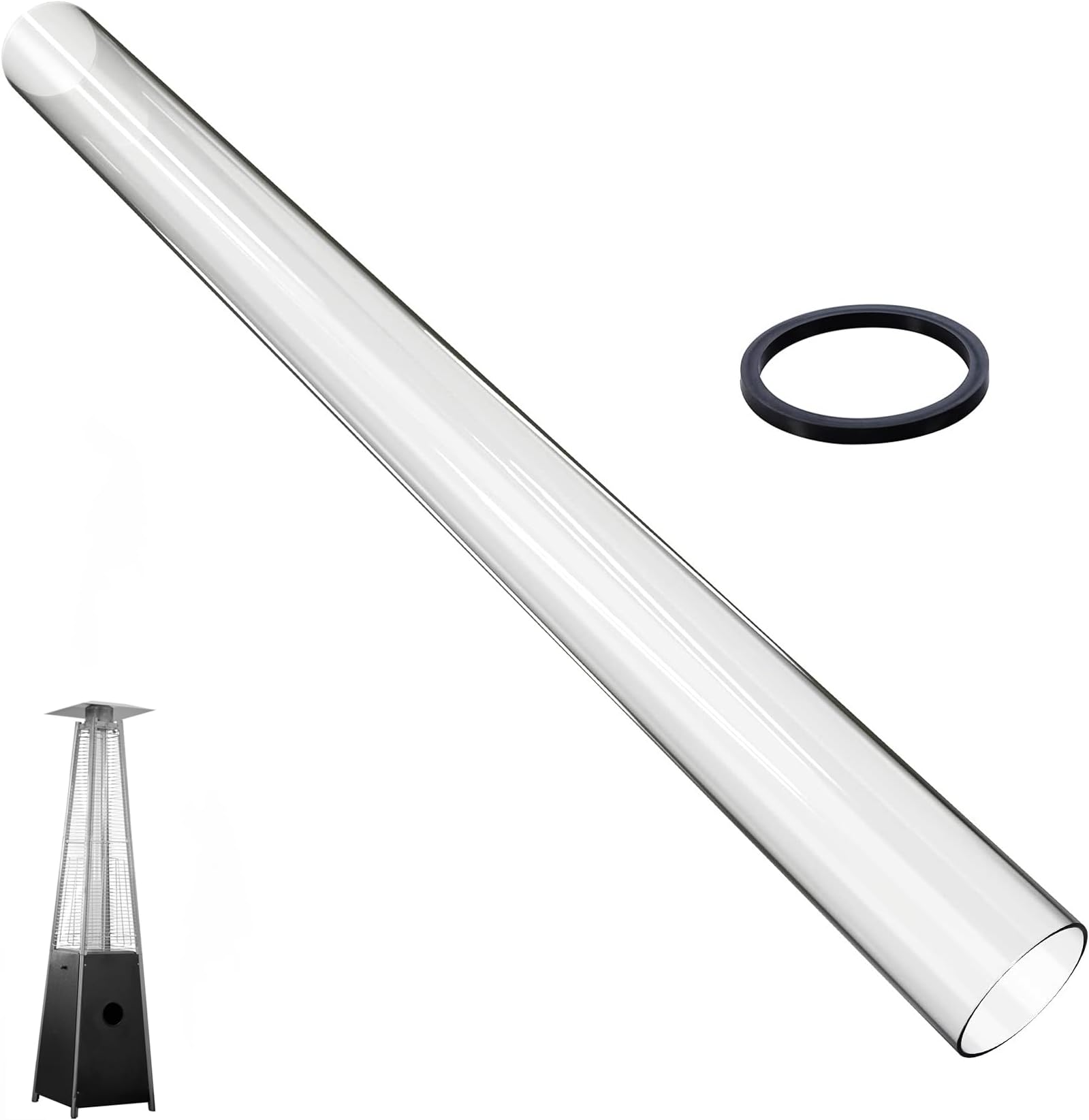 Patio Heater Glass Tube Replacement, 49.5 x 4" Patio Heater Replacement Parts with Ring, Outdoor Heater Replacement Parts for 4-Sided Pyramid Heater, Glass Tube Patio Heater for Hiland, fire sense