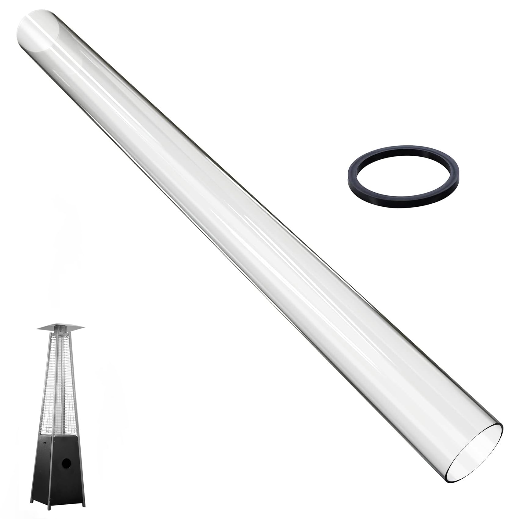 Patio Heater Glass Tube Replacement, 49.5 x 4" Patio Heater Replacement Parts with Ring, Outdoor Heater Replacement Parts for 4-Sided Pyramid Heater, Glass Tube Patio Heater for Hiland, fire sense