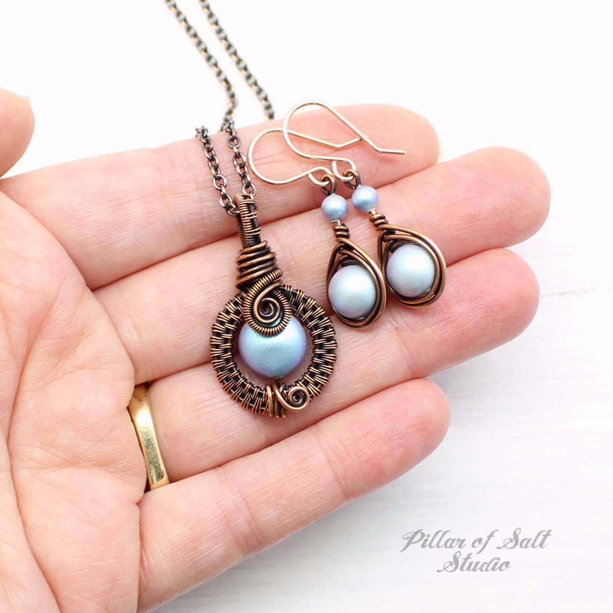 Pillar of Salt Studio Handcrafted Copper Jewelry Set Necklace and Earrings with Simulated Pearls (Iridescent Light Blue)