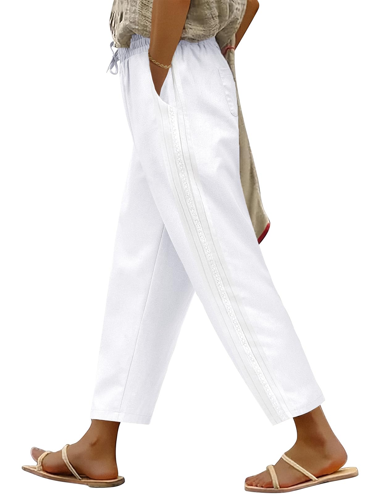 Pantaloni Donna Estivi Cotone 7/8 Pantaloni Larghi Allentati Vita Alta Estate Leggeri Comodi Pantaloni Spiaggia Casual con Coulisse Pantaloni Eleganti Motivo Laterale con Tasche