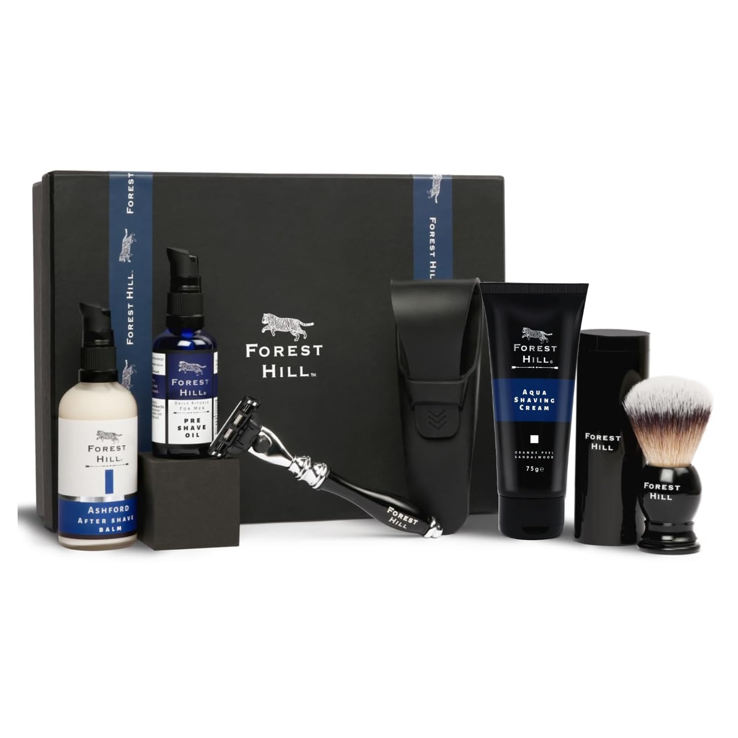 Forest Hill Men Grooming Gift Set Hamper, Pack of 7 Luxury Shaving Kit, Pre Shave Oil 50ml, Aqua Shaving Cream 75g, Ashford Post Shave Balm 100ml, Shaving Razor With Silicone Sleeve, Soft Shaving Brush & Steel Stand