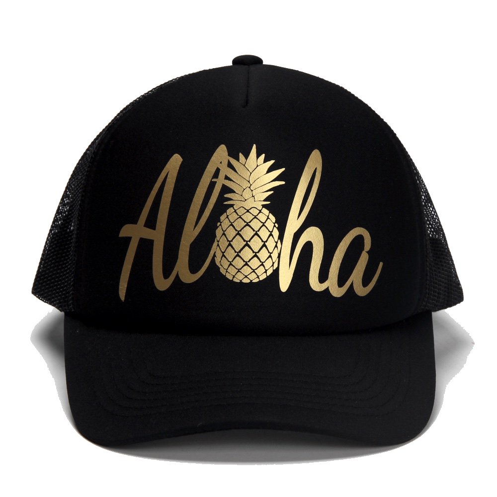 Aloha Trucker Cap Premium Quality Silver Gold Logo Print (Gold)