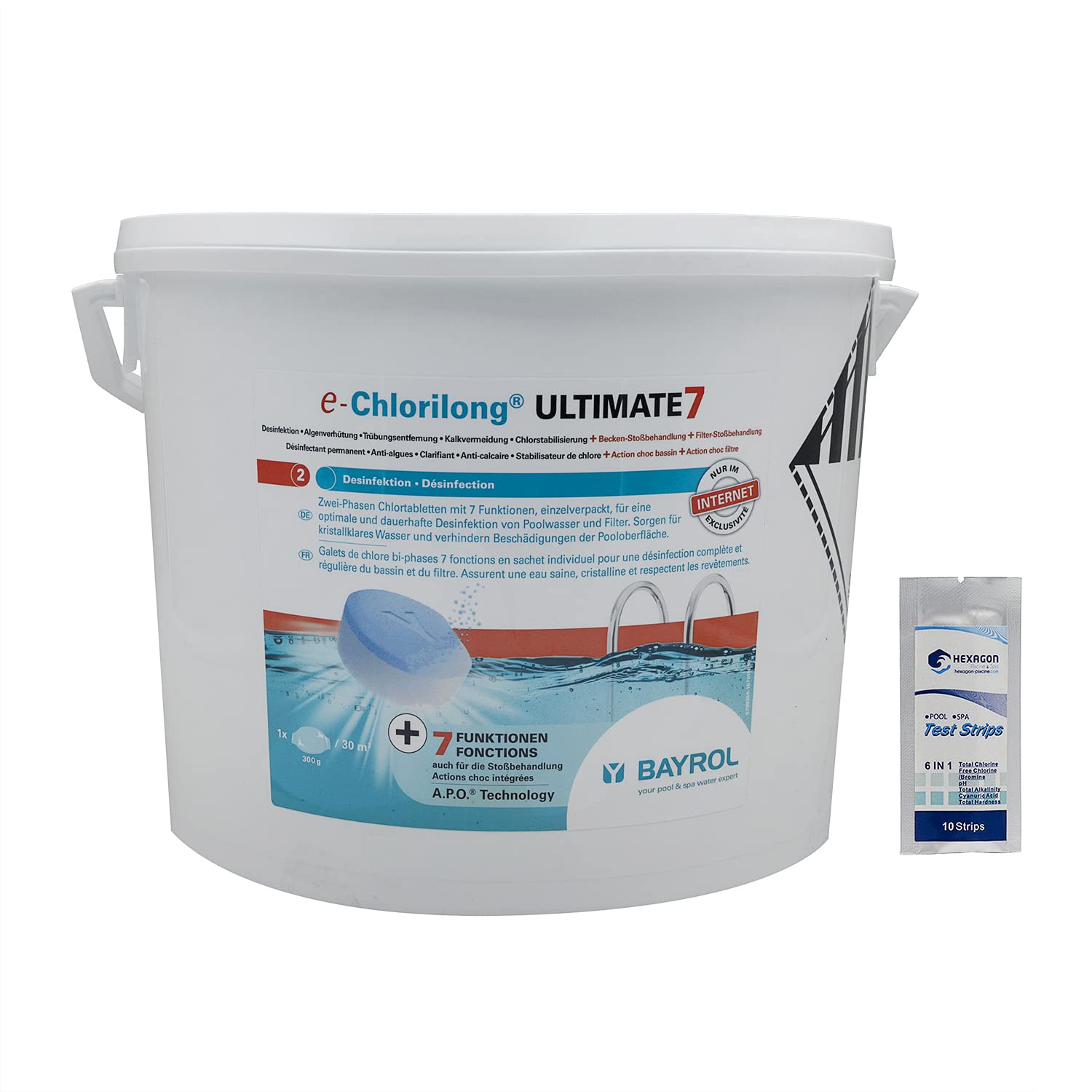 BAYROL e.CHLORILONG Ultimate 7 Galet 300g - 10,2kg | Chlore Lent Stabilisé Multiaction - Désinfection Régulière Multifonction avec Action Choc - Dissolution Lente + 10 Tests HPS OFFERTS 6 en 1
