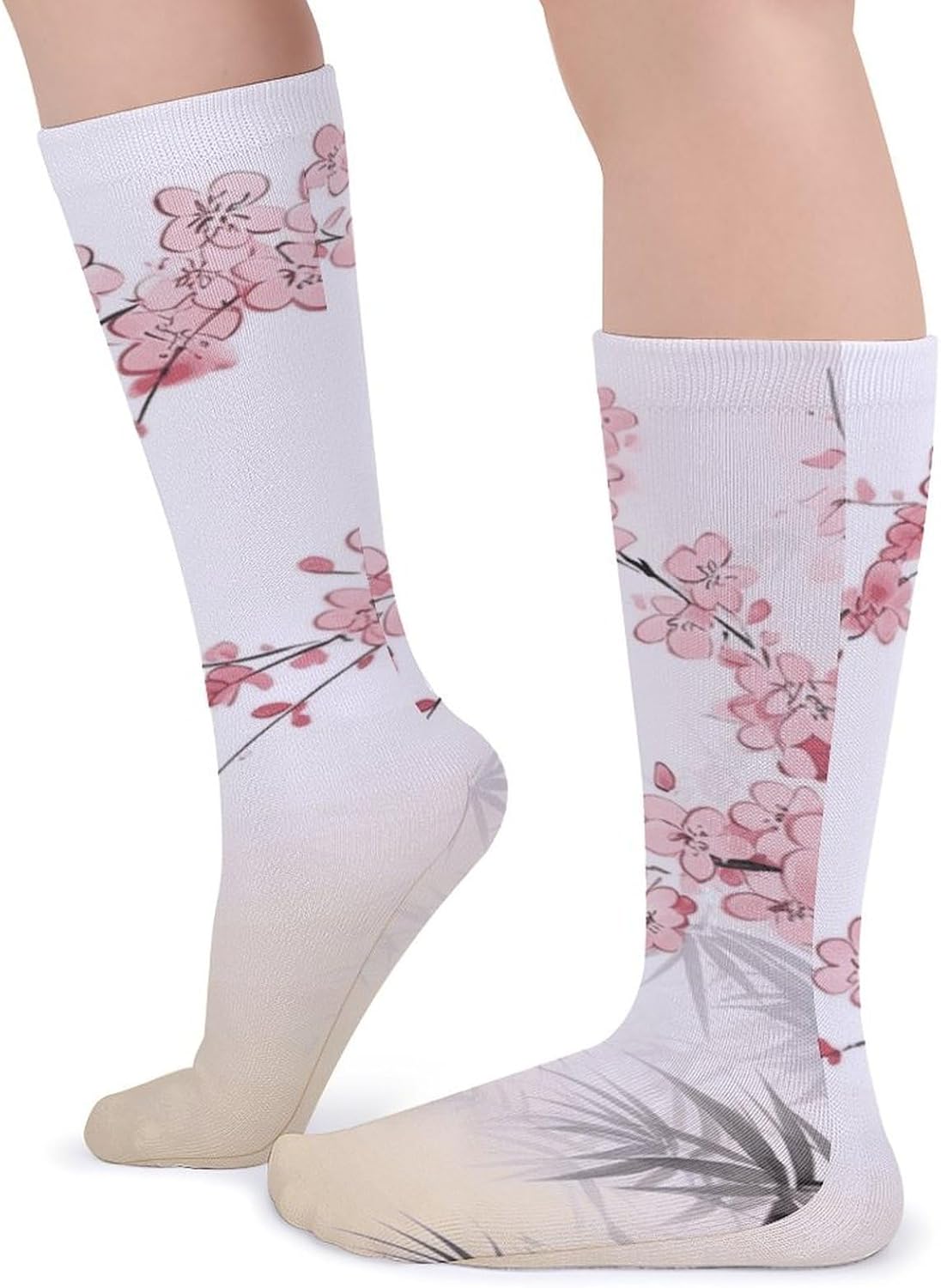 Bamboo And Cherry Blossoms Socks Warm Thick Cozy Crew Hiking Boot Socks Casual Knee High Sock for Women Mom