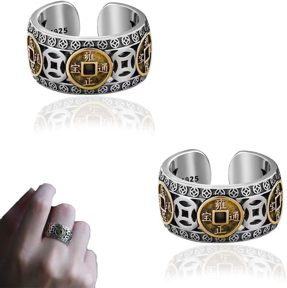 MING ZHEN Richluck Max Force Five Emperors Coins Ring,Five Emperor Coin Ring,Five Emperor Coin Auspicious Ring,Chinese Feng Shui Ring,Adjustable Ring for Men