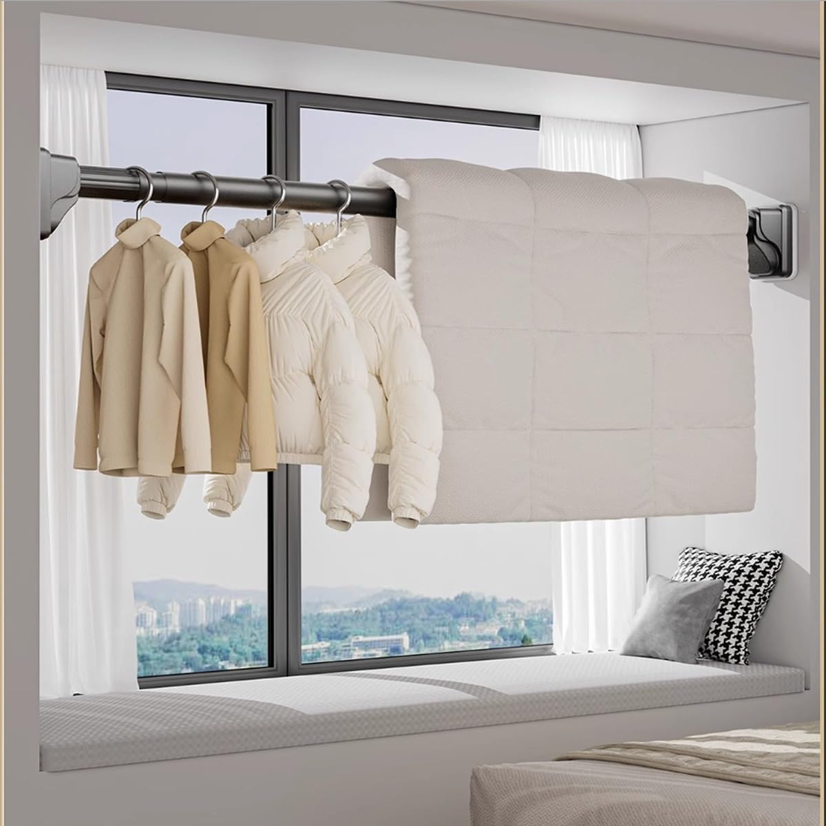 Tringle réglable noire sans perçage extensible pour salle de bain en métal pour un montage facile de la douche avec trou d'installation gratuite