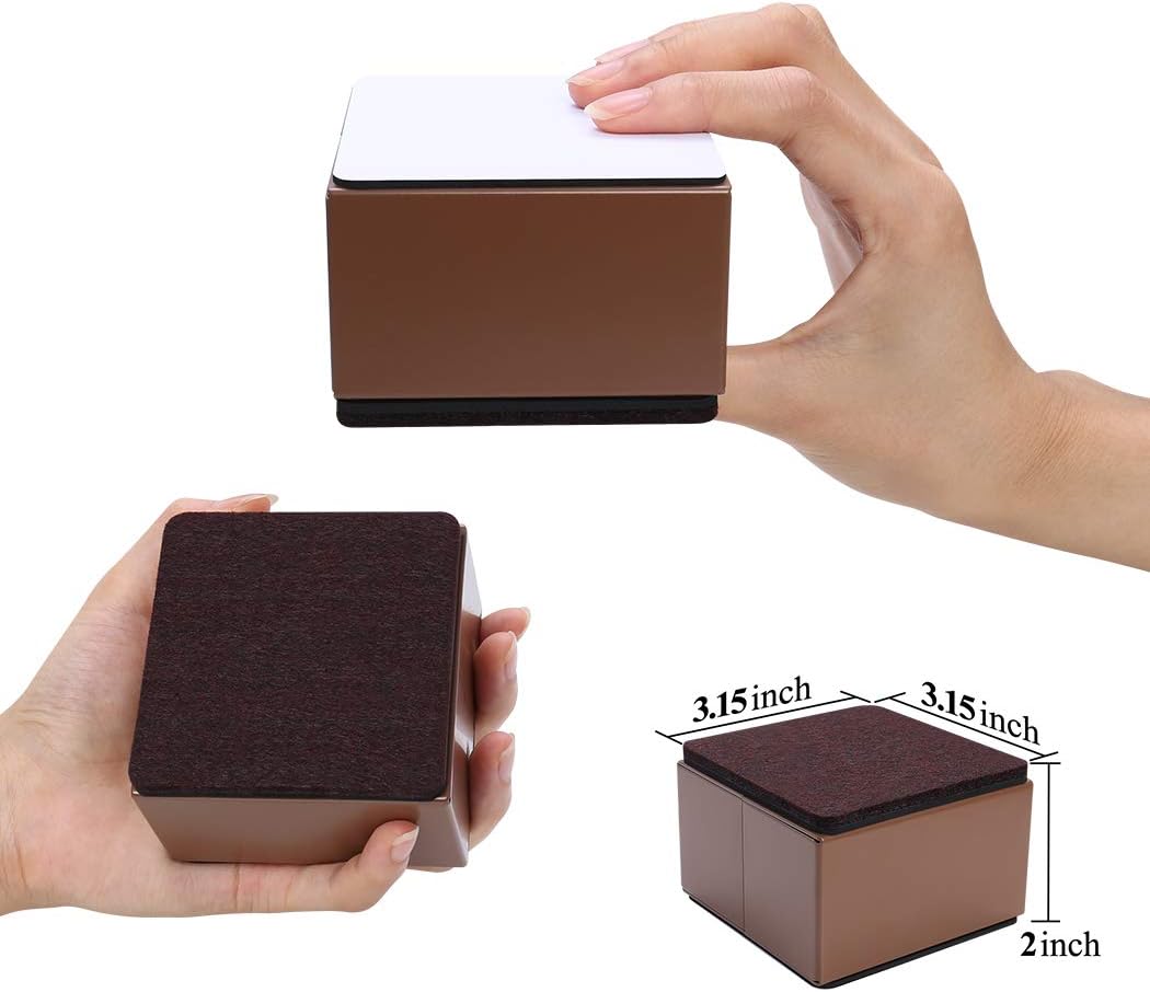 Ezprotekt 2 Inch Bed and Furniture Risers, Square Heavy Duty Solid Steel Self-Adhesive Sofa Table Couch Dresser Risers, Supports 20,000 lbs,Protect Wood and Carpet Floors from Scratch(Brown, 4 Pack)