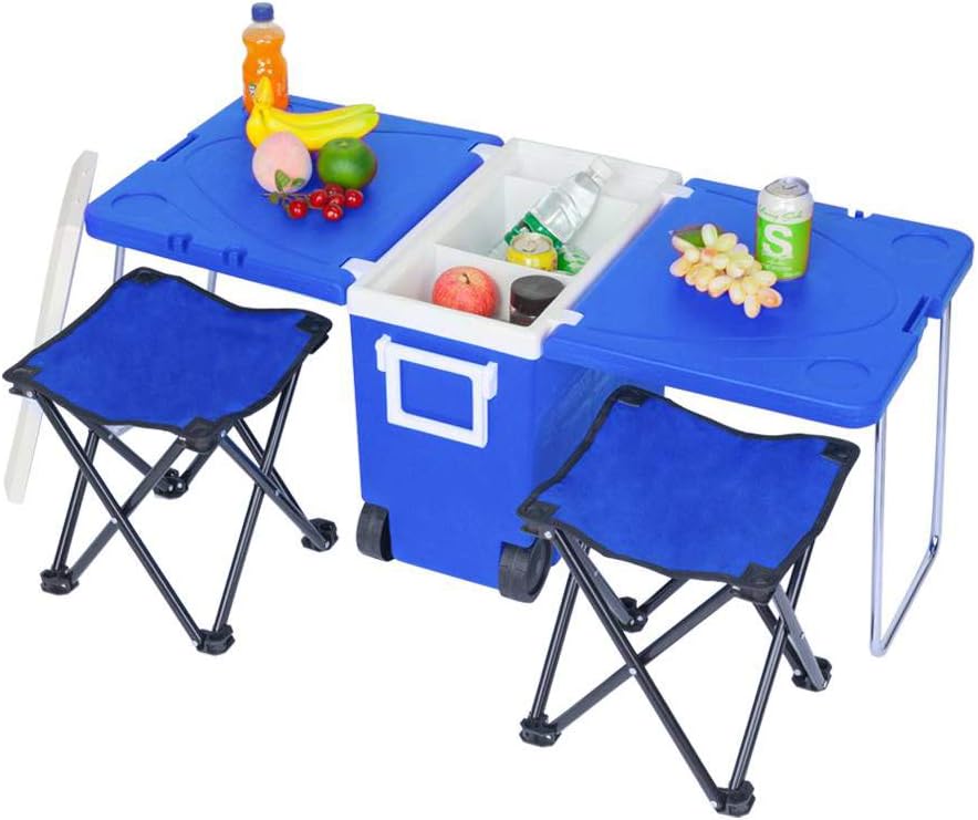 NOBLJX 28L Camping Wheeled Coolers & Cool Box - Foldable Outdoor Picnic Table With 2 Stools, Multi-Function Insulated Rolling Cooler Trolley for BBQ, Festivals and Caravans