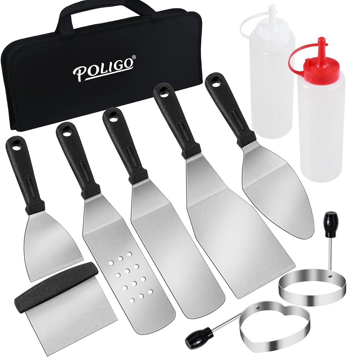 POLIGO 11PCS Professional Griddle Accessories Camping Griddle Spatulas Commercial Griddle Grill Accessories for Flat Tops Grill, Outdoor Hibachi Grill Accessories Set Metal Long Spatula for Cooking