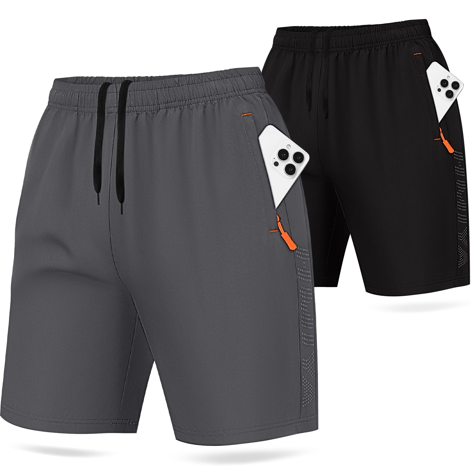 HMIYA 2er Pack Sporthose Herren Kurz Sport Shorts Sommer Laufhose Trainingshose mit Reißverschlusstasch
