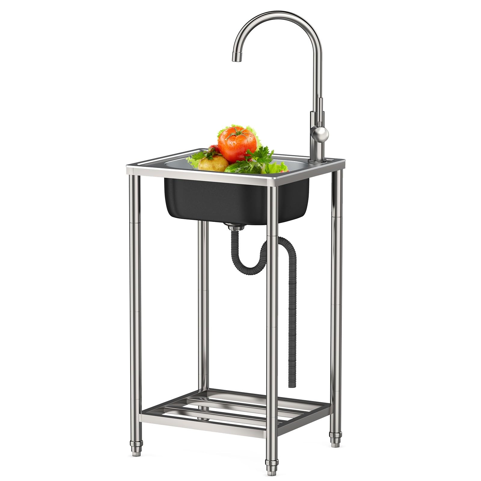 Fregadero de acero inoxidable portátil y autónomo con diseño industrial y grifo integrado