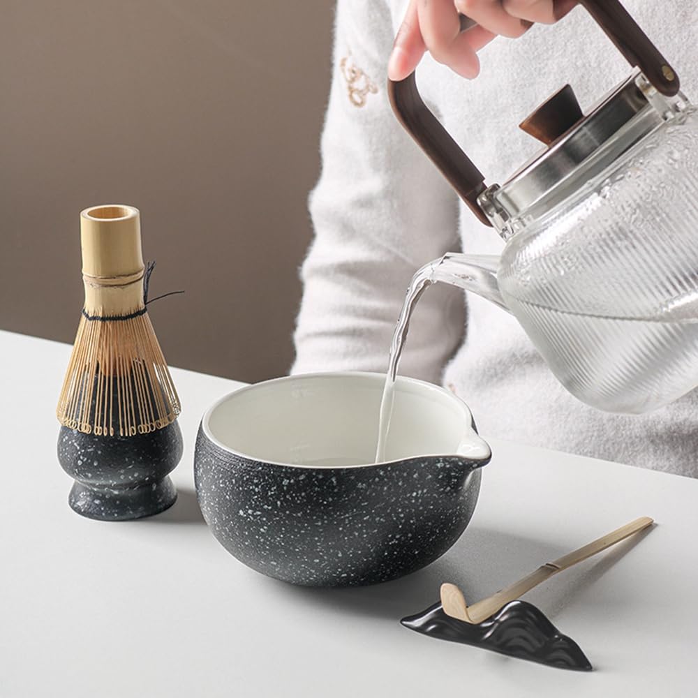 Juego de 8 batidores de matcha con caja de regalo negra, juego de kit de ceremonia de té tradicional japonés, juego de cuencos de cerámica esmaltada de color mate para amantes del té verde, color